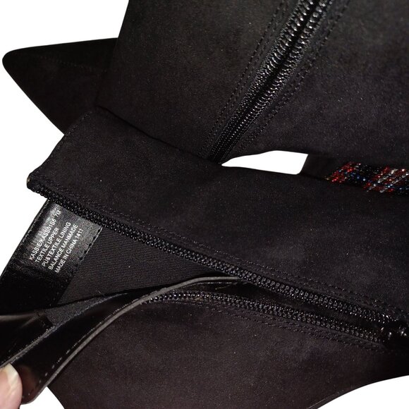 Black Suede Side Zip Pointed Toe Multi Color Rhinestone Block Heel Bootie SZ 7M - Picture 11 of 14